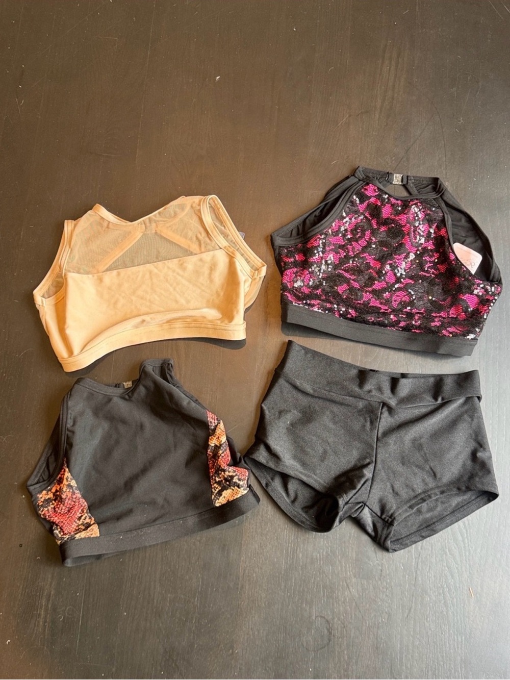 Set of 3 Crop Tops & Black Shorts - Peach, Black, Pink Sequin (adult medium)